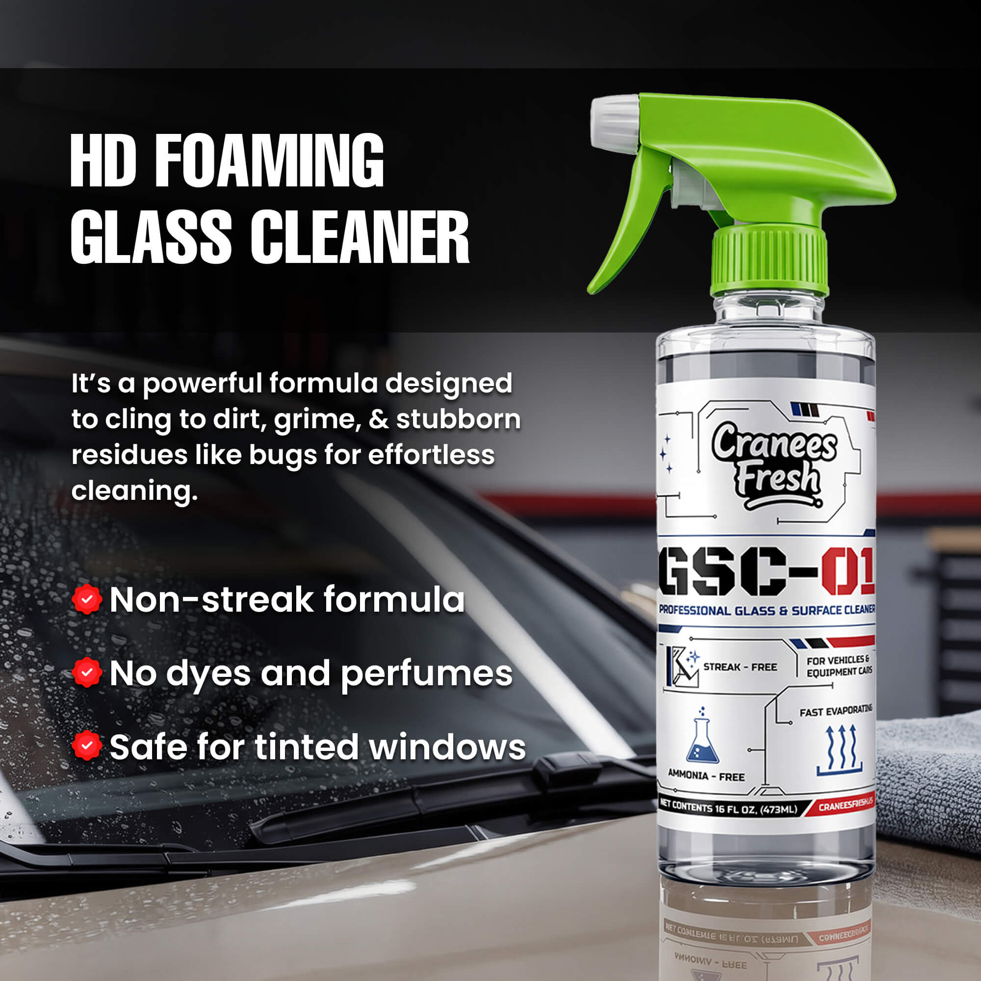 GSC-01 Professional Glass Cleaner – Streak Free Window and Surface Cleaner for Cars, Trucks, and Home – Ammonia-Free & Tint Safe – Crystal Clear Shine for Windshields, Mirrors, and Glass Doors